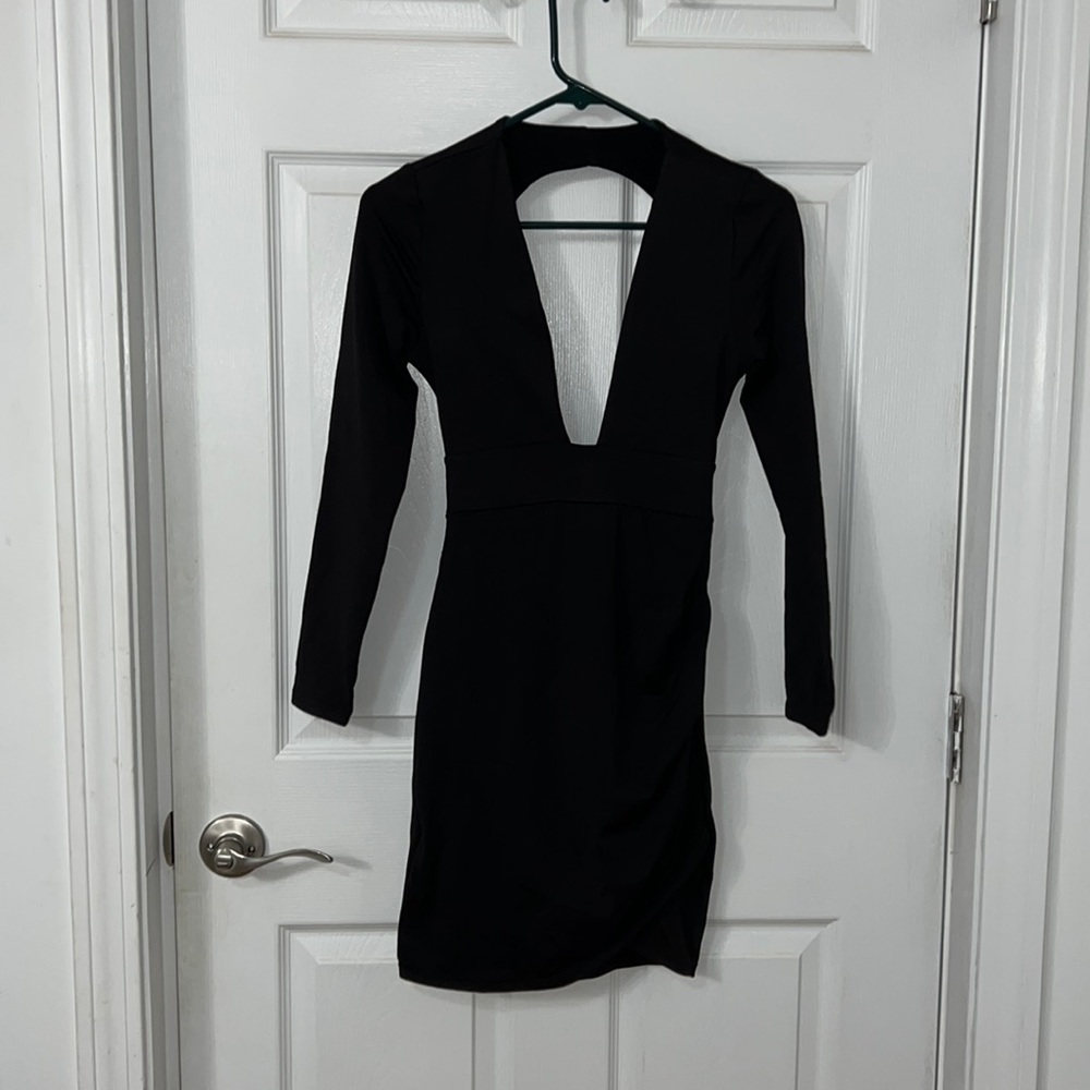 Black Plunge Neck Backless Dress